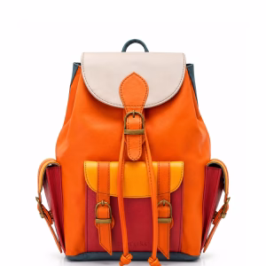 Women’s recycled leather backpack in Orange tones with animal print flap and adjustable leather straps