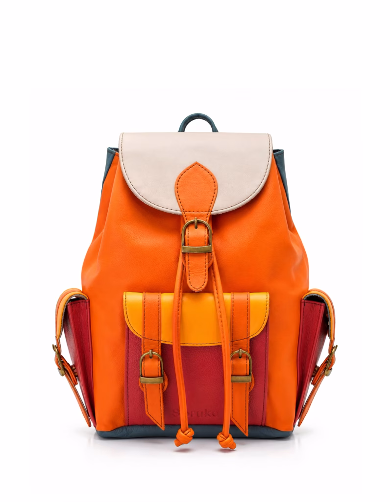 Women’s recycled leather backpack in Orange tones with animal print flap and adjustable leather straps