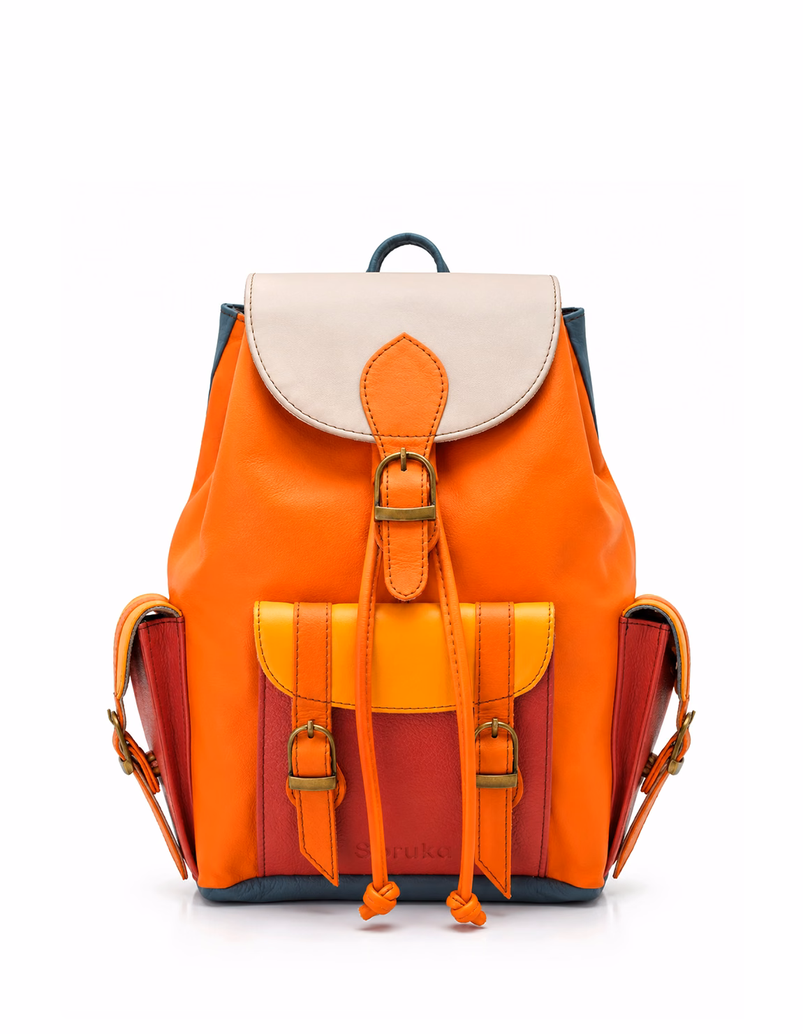 Women’s recycled leather backpack in Orange tones with animal print flap and adjustable leather straps