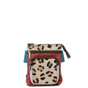 Handmade recycled leather belt bag in Burgundy and Teal tones with animal print