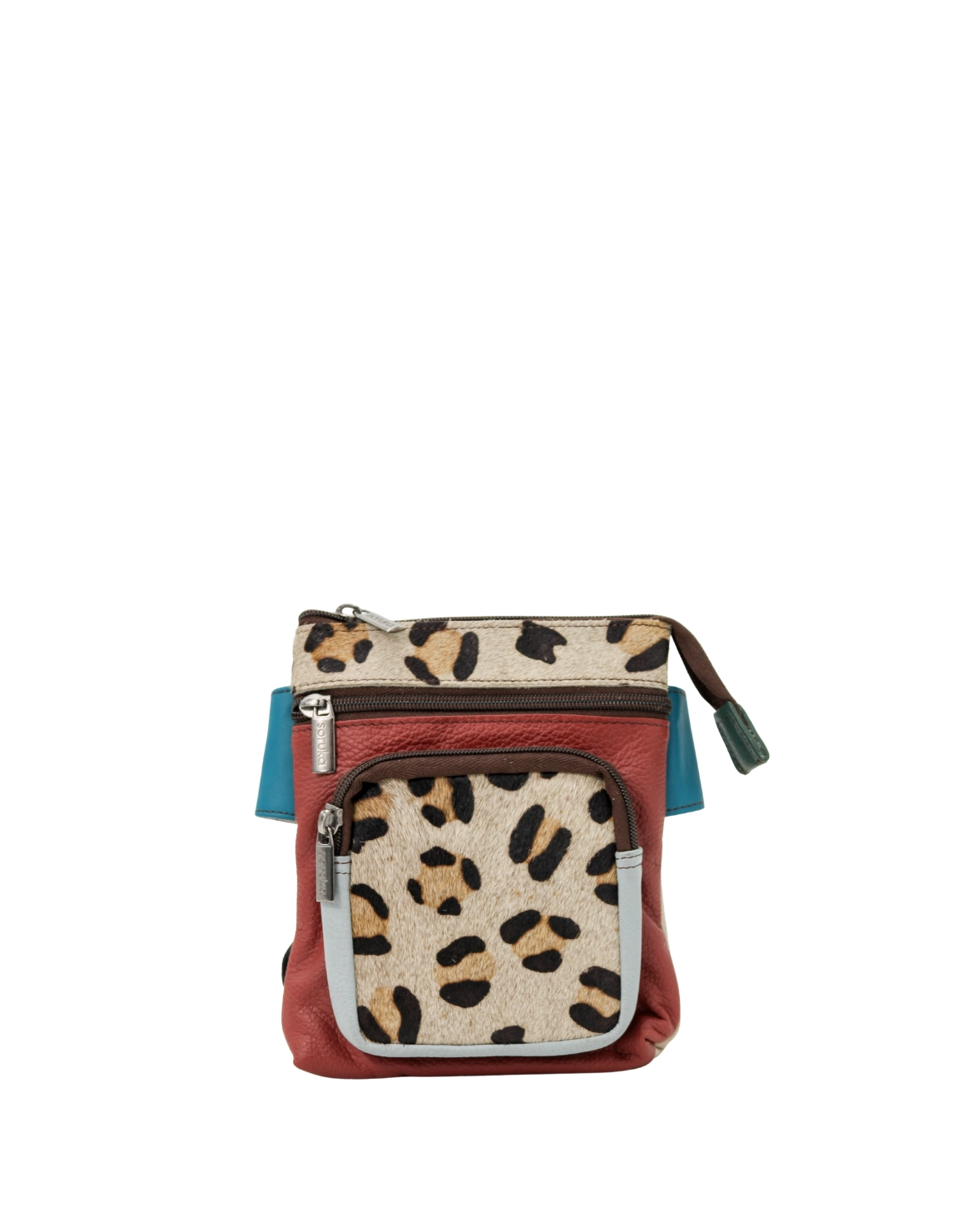 Handmade recycled leather belt bag in Burgundy and Teal tones with animal print