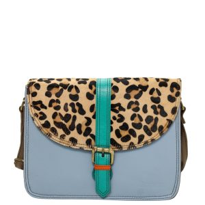 Women’s recycled leather crossbody bag with three compartments and adjustable leather shoulder strap