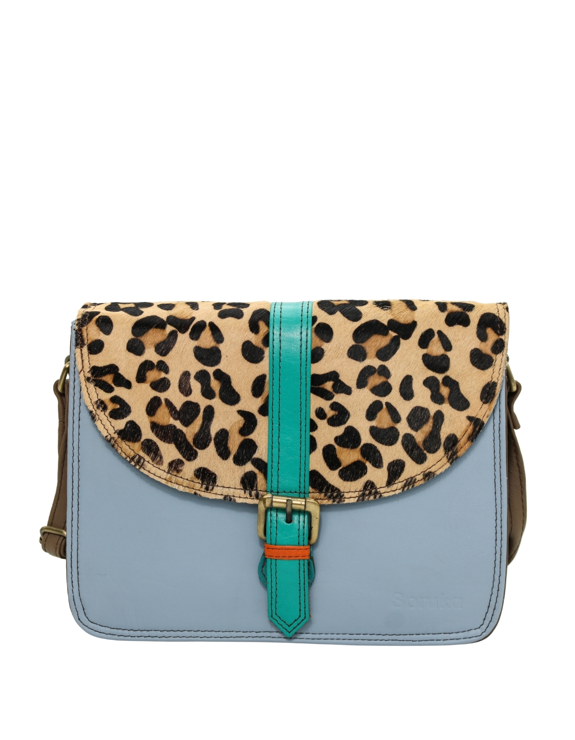 Women’s recycled leather crossbody bag with three compartments and adjustable leather shoulder strap