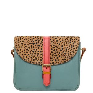 Women’s recycled leather crossbody bag with three compartments and adjustable leather shoulder strap