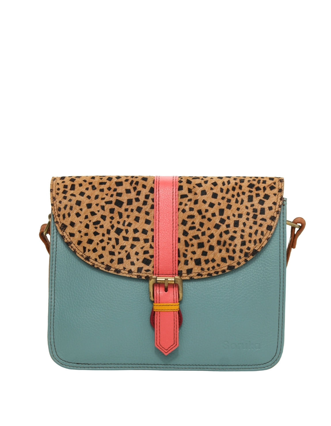 Women’s recycled leather crossbody bag with three compartments and adjustable leather shoulder strap