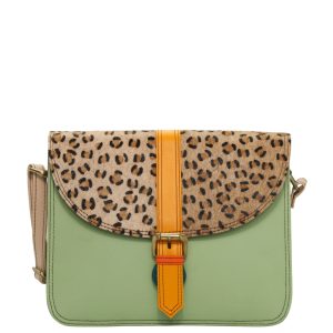 Women’s recycled leather crossbody bag with three compartments and adjustable leather shoulder strap