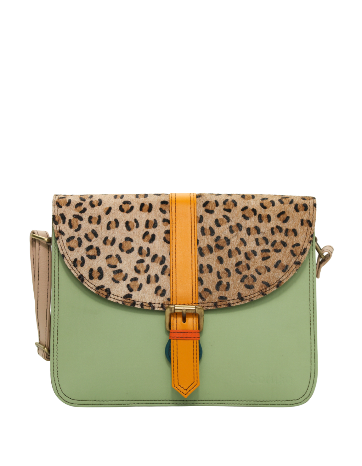 Women’s recycled leather crossbody bag with three compartments and adjustable leather shoulder strap