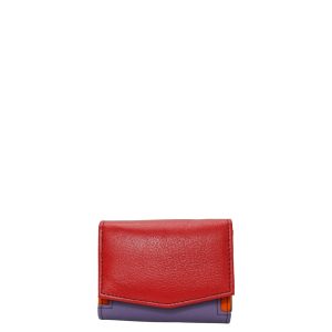 Handmade recycled leather wallet in Red and Purple tones with card slots