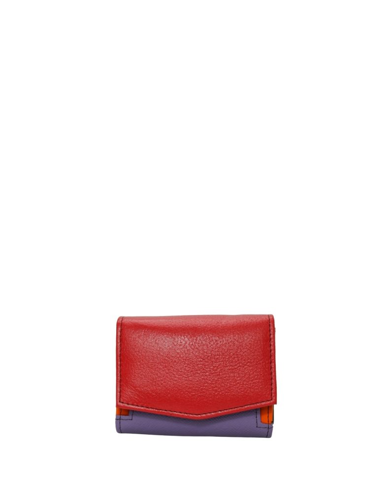 Handmade recycled leather wallet in Red and Purple tones with card slots