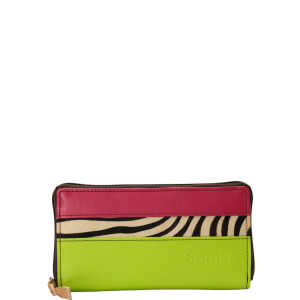 Handmade recycled leather wallet in green and pink tones with card slots