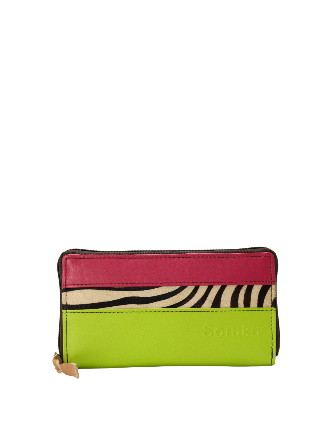 Handmade recycled leather wallet in green and pink tones with card slots