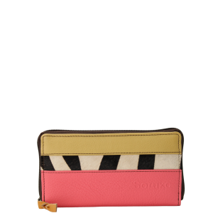 Handmade recycled leather wallet in pink and yellow tones with card slots