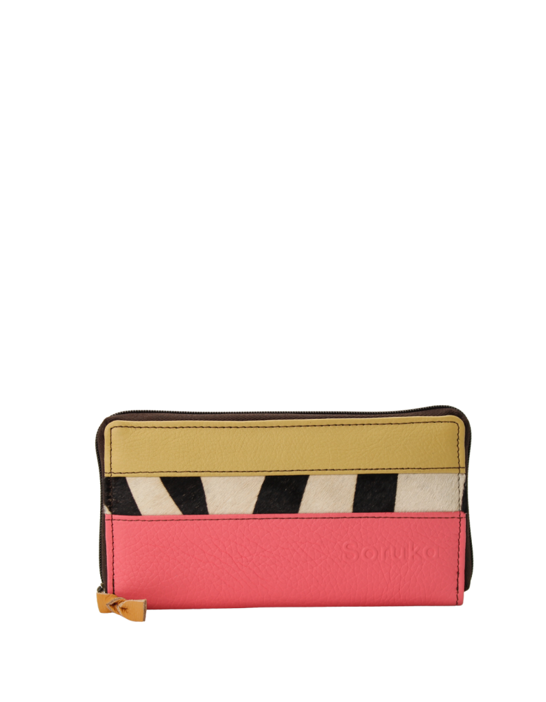 Handmade recycled leather wallet in pink and yellow tones with card slots