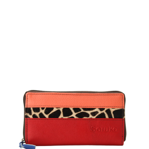 Handmade recycled leather wallet in pink and red tones with card slots