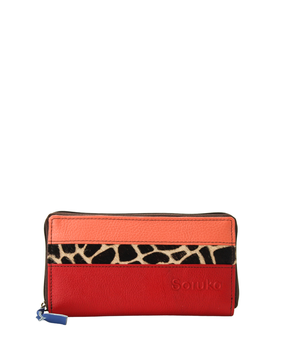 Handmade recycled leather wallet in pink and red tones with card slots
