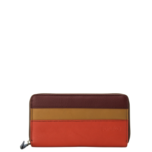 Handmade recycled leather wallet in brown and orange tones with card slots