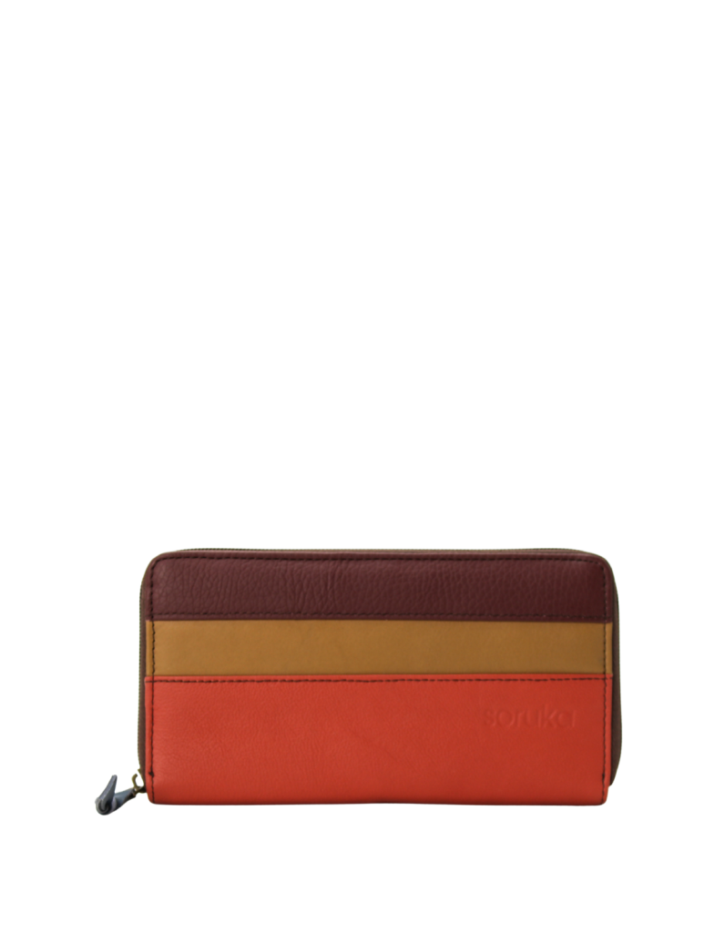 Handmade recycled leather wallet in brown and orange tones with card slots