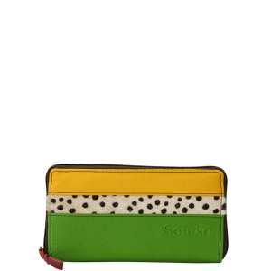 Handmade recycled leather wallet in green and yellow tones with card slots