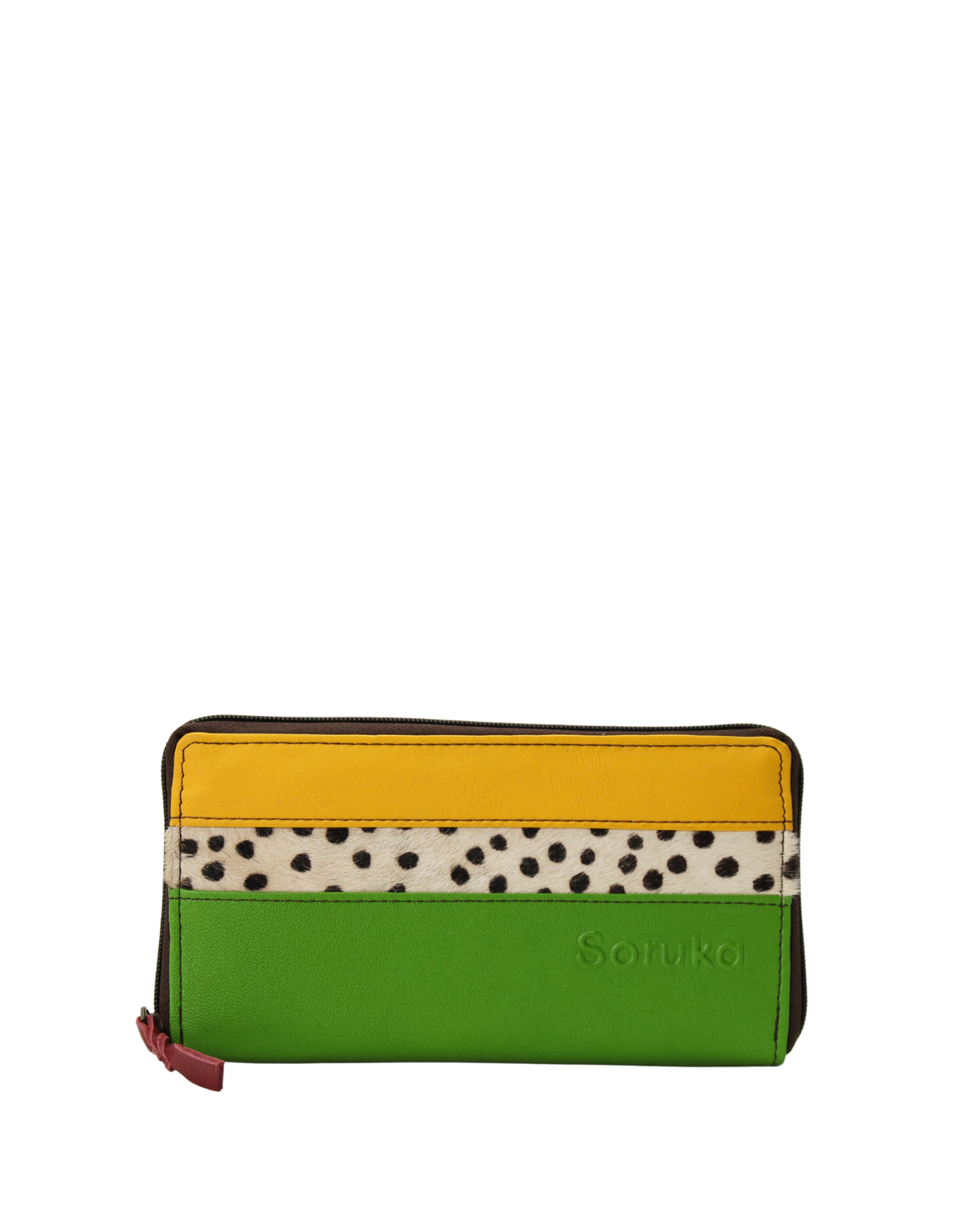 Handmade recycled leather wallet in green and yellow tones with card slots
