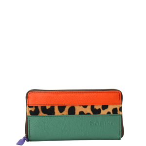 Handmade recycled leather wallet in green and orange tones with card slots