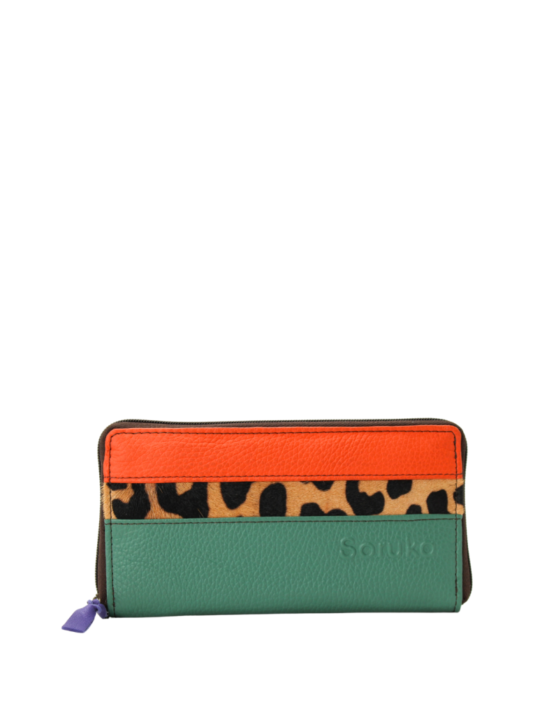 Handmade recycled leather wallet in green and orange tones with card slots