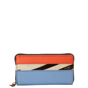 Handmade recycled leather wallet in Blue and Orange tones with card slots