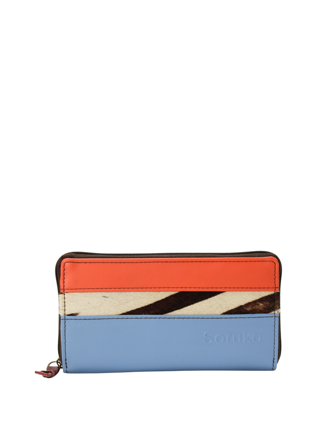Handmade recycled leather wallet in Blue and Orange tones with card slots