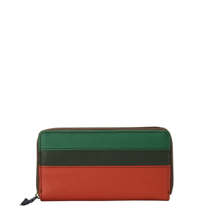 Handmade recycled leather wallet in green and red tones with card slots