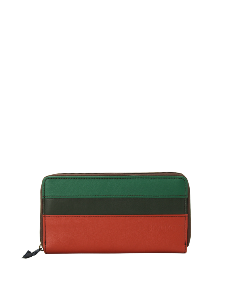 Handmade recycled leather wallet in green and red tones with card slots