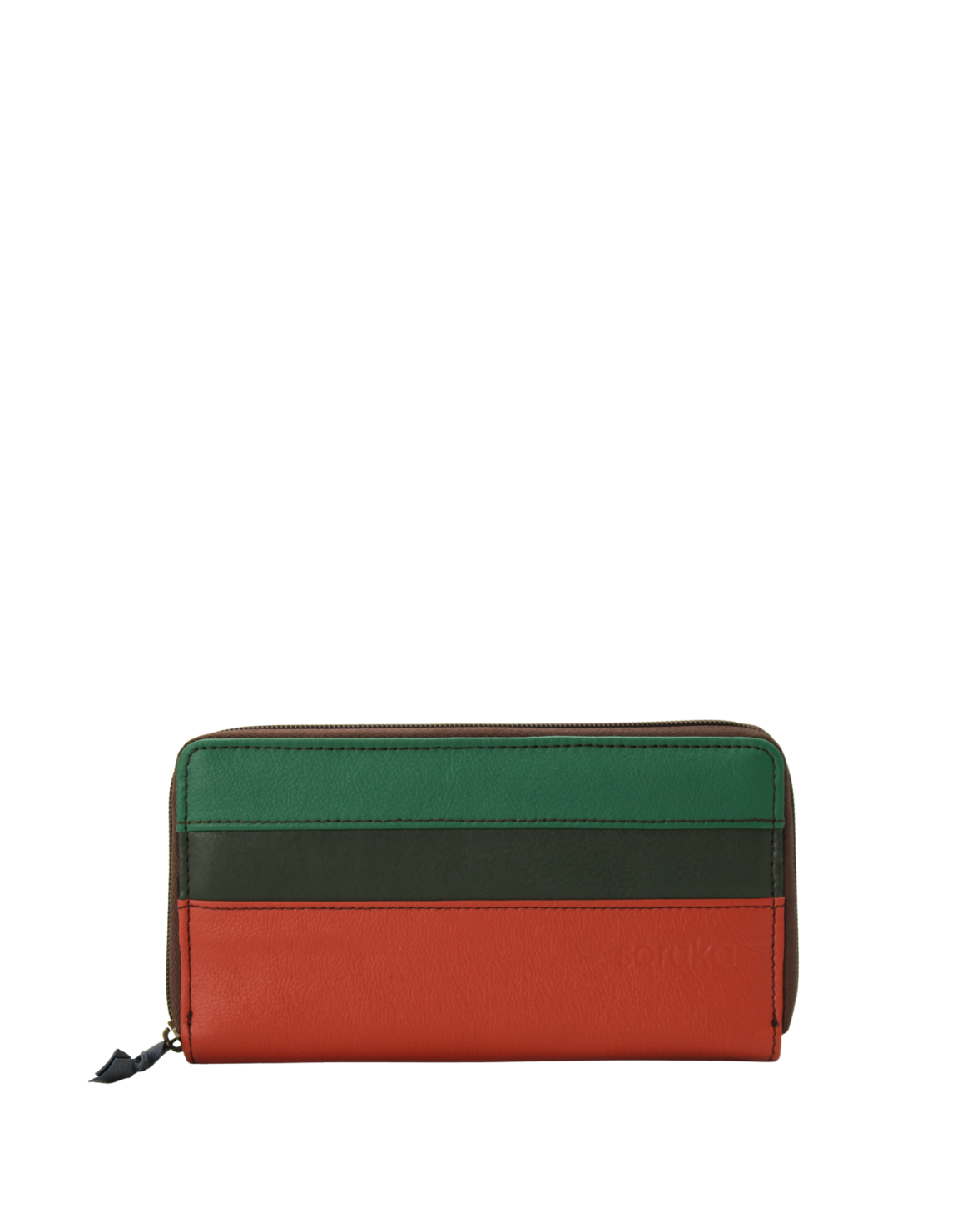 Handmade recycled leather wallet in green and red tones with card slots