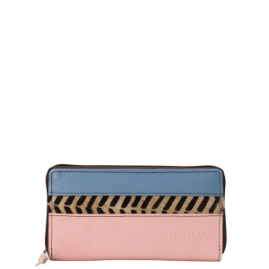 Handmade recycled leather wallet in Blue and Pink tones with card slots