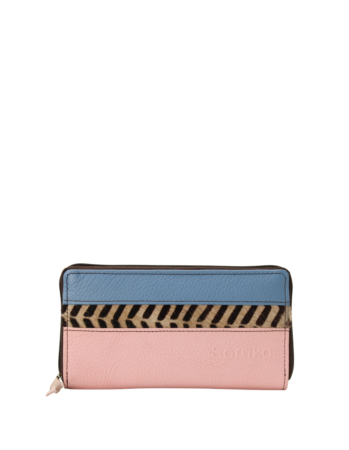 Handmade recycled leather wallet in Blue and Pink tones with card slots