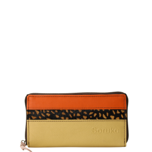 Handmade recycled leather wallet in orange tones with card slots