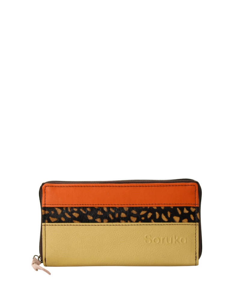Handmade recycled leather wallet in orange tones with card slots