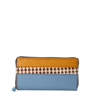 Handmade recycled leather wallet in yellow and blue tones with card slots