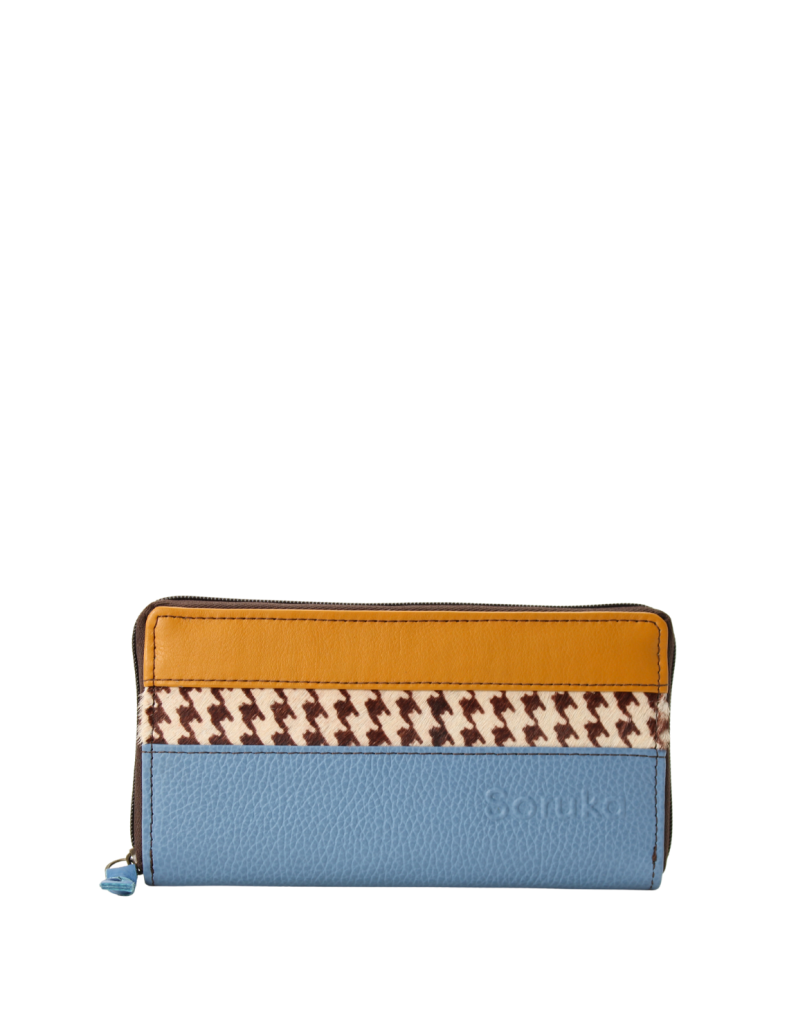 Handmade recycled leather wallet in yellow and blue tones with card slots