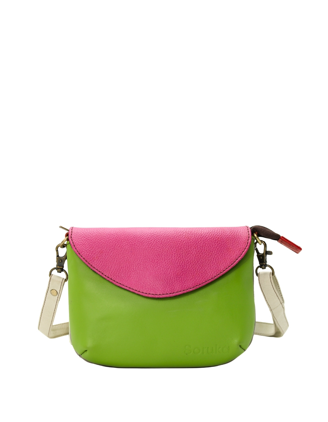 Handmade recycled leather convertible bag in Green and purple tones with detachable straps