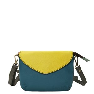 Handmade recycled leather convertible bag in blue and yellow tones with detachable straps