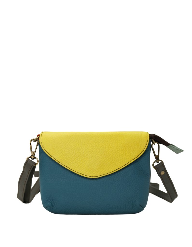 Handmade recycled leather convertible bag in blue and yellow tones with detachable straps