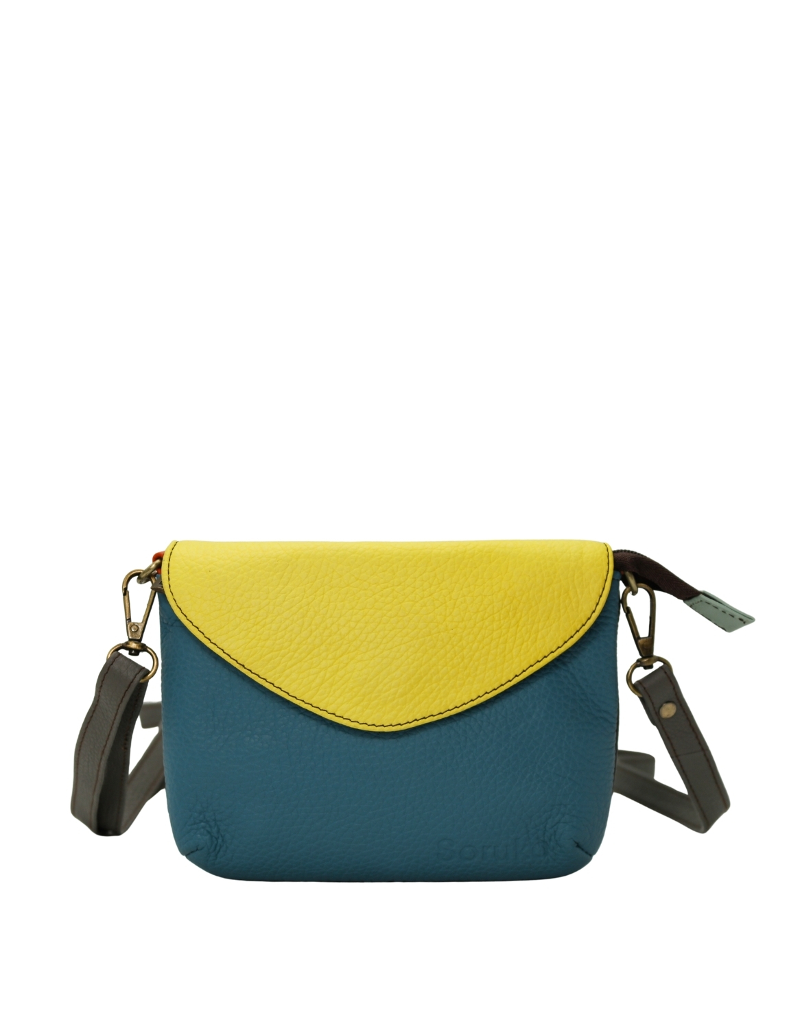 Handmade recycled leather convertible bag in blue and yellow tones with detachable straps