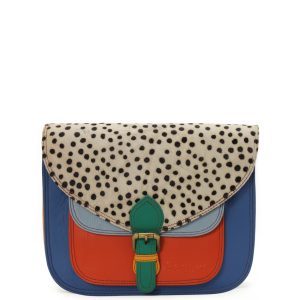 Women’s recycled leather crossbody bag in blue and orange tones with animal print flap and adjustable leather strap