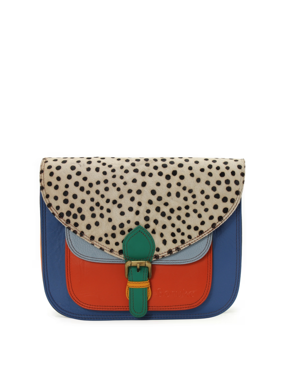 Women’s recycled leather crossbody bag in blue and orange tones with animal print flap and adjustable leather strap