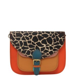 Women’s recycled leather crossbody bag in orange tones with animal print flap and adjustable leather strap