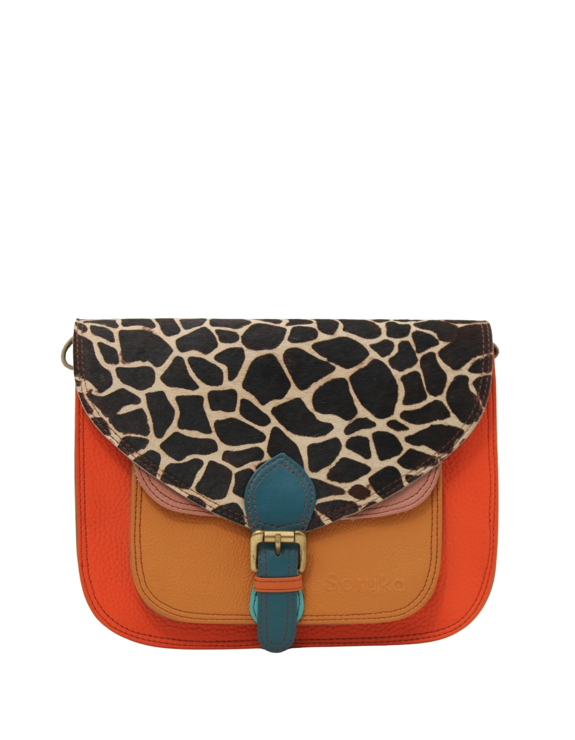 Women’s recycled leather crossbody bag in orange tones with animal print flap and adjustable leather strap