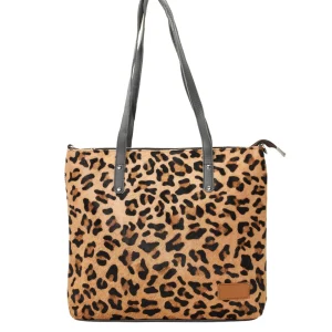 Women’s recycled leather tote shoulder bag with reversible animal print design and adjustable crossbody strap