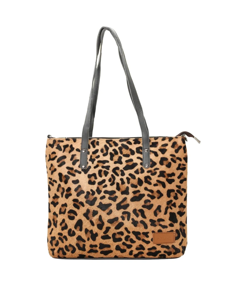 Women’s recycled leather tote shoulder bag with reversible animal print design and adjustable crossbody strap