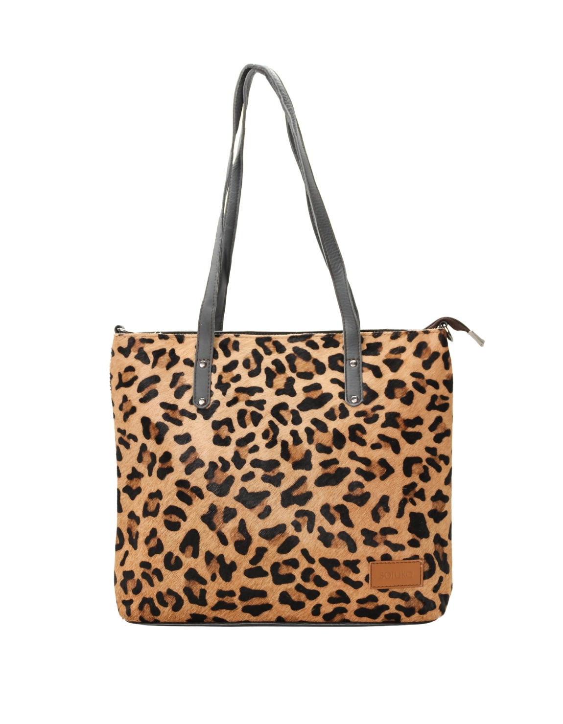 Women’s recycled leather tote shoulder bag with reversible animal print design and adjustable crossbody strap