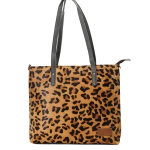 Women’s recycled leather tote shoulder bag with reversible animal print design and adjustable crossbody strap