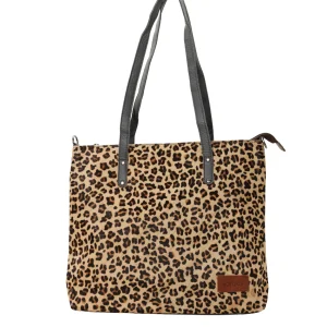 Women’s recycled leather tote shoulder bag with reversible animal print design and adjustable crossbody strap