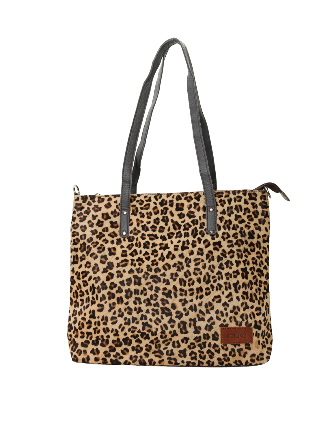 Women’s recycled leather tote shoulder bag with reversible animal print design and adjustable crossbody strap